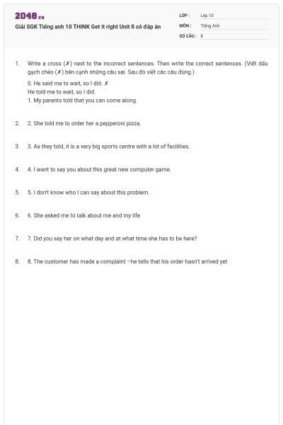 Giải SGK Tiếng anh 10 THiNK Get it right Unit 8 có đáp án