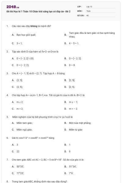 Đề thi Học kì 1 Toán 10 Chân trời sáng tạo có đáp án- Đề 2