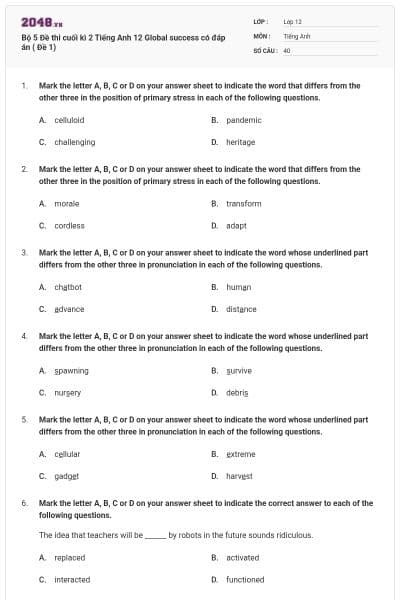 Bộ 5 Đề thi cuối kì 2 Tiếng Anh 12 Global success có đáp án ( Đề 1)