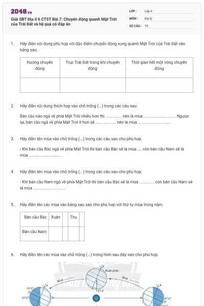 Giải SBT Địa lí 6 CTST Bài 7: Chuyển động quanh Mặt Trời của Trái Đất và hệ quả có đáp án