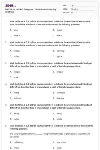 Bộ 5 Đề thi cuối kì 2 Tiếng Anh 12 Global success có đáp án ( Đề 3)