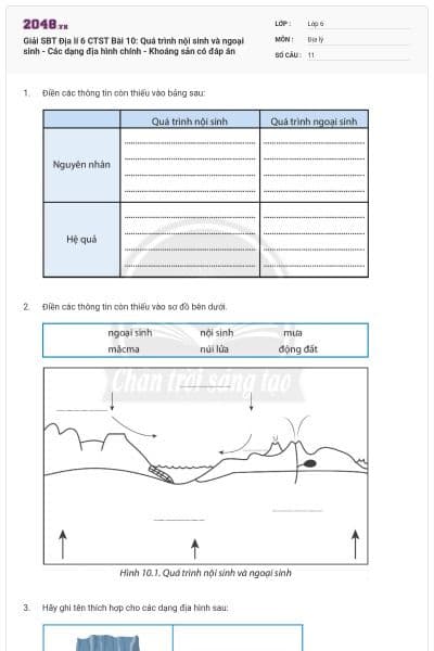 Giải SBT Địa lí 6 CTST Bài 10: Quá trình nội sinh và ngoại sinh - Các dạng địa hình chính - Khoáng sản có đáp án