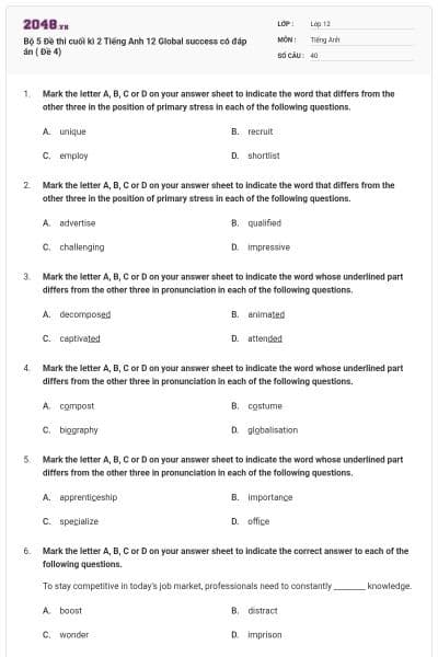 Bộ 5 Đề thi cuối kì 2 Tiếng Anh 12 Global success có đáp án ( Đề 4)