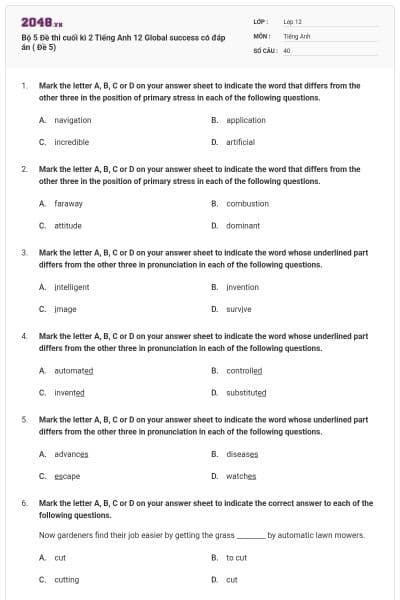 Bộ 5 Đề thi cuối kì 2 Tiếng Anh 12 Global success có đáp án ( Đề 5)
