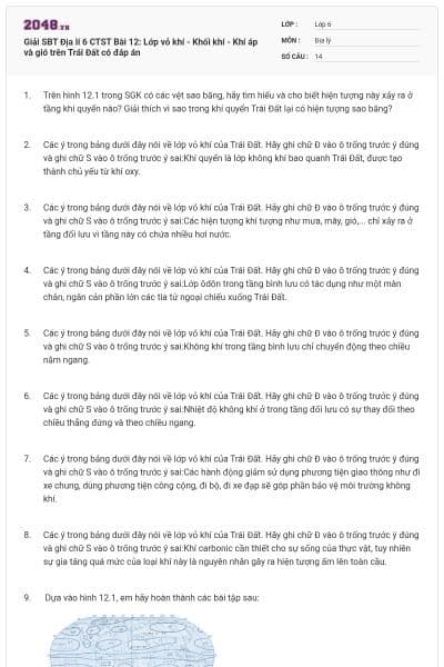 Giải SBT Địa lí 6 CTST Bài 12: Lớp vỏ khí - Khối khí - Khí áp và gió trên Trái Đất có đáp án