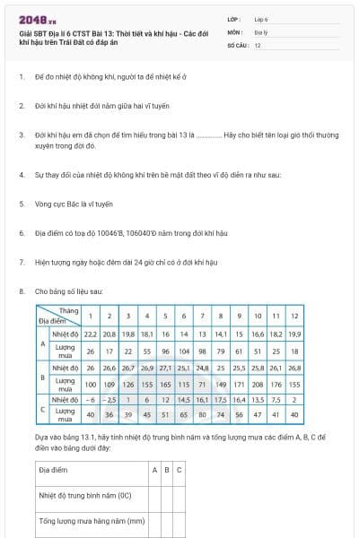 Giải SBT Địa lí 6 CTST Bài 13: Thời tiết và khí hậu - Các đới khí hậu trên Trái Đất có đáp án