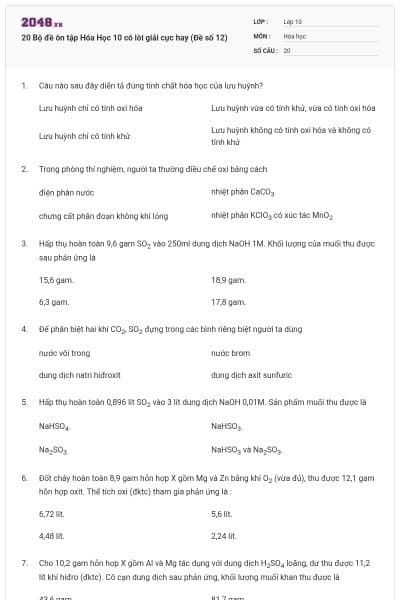 20 Bộ đề ôn tập Hóa Học 10 có lời giải cực hay (Đề số 12)