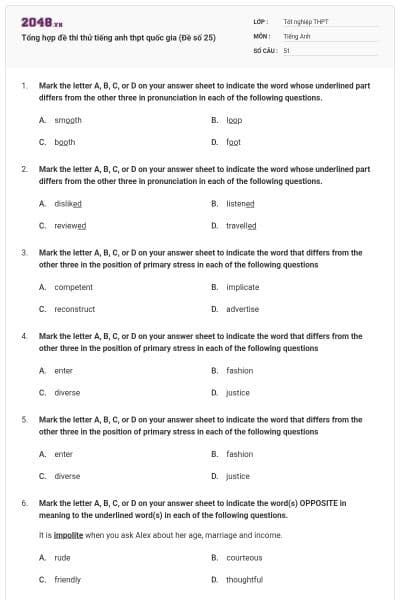 Tổng hợp đề thi thử tiếng anh thpt quốc gia (Đề số 25)