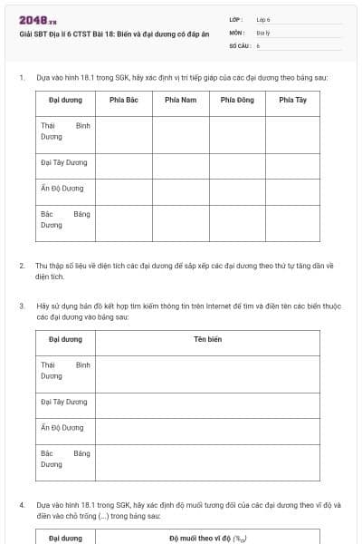 Giải SBT Địa lí 6 CTST Bài 18: Biển và đại dương có đáp án
