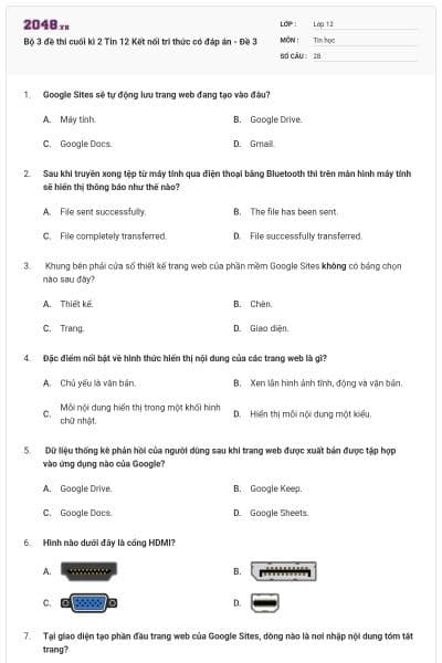 Bộ 3 đề thi cuối kì 2 Tin 12 Kết nối tri thức có đáp án - Đề 3