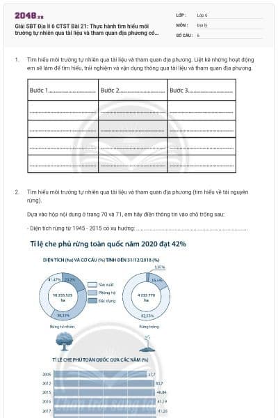 Giải SBT Địa lí 6 CTST Bài 21: Thực hành tìm hiểu môi trường tự nhiên qua tài liệu và tham quan địa phương có đáp án