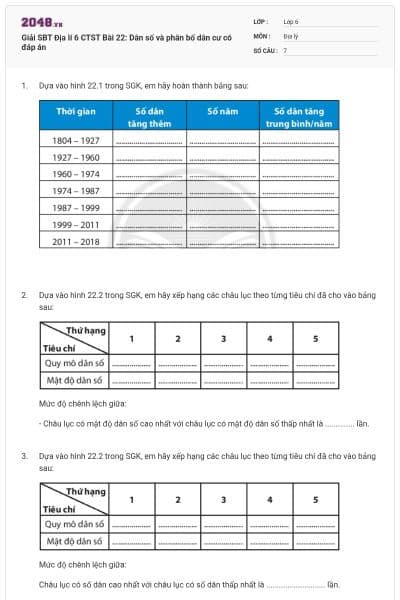 Giải SBT Địa lí 6 CTST Bài 22: Dân số và phân bố dân cư có đáp án