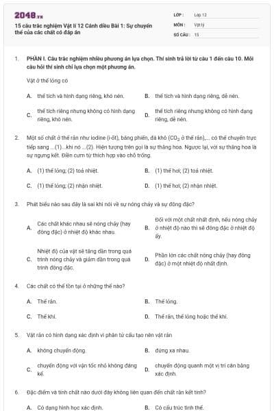 15 câu trắc nghiệm Vật lí 12 Cánh diều Bài 1: Sự chuyển thể của các chất có đáp án