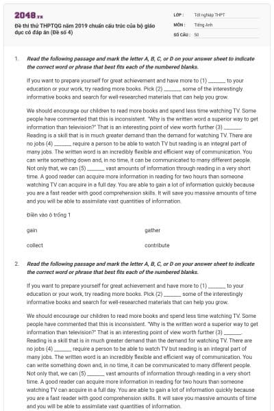 Đề thi thử THPTQG năm 2019 chuẩn cấu trúc của bộ giáo dục có đáp án (Đề số 4)