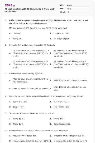 15 câu trắc nghiệm Vật lí 12 Cánh diều Bài 3: Thang nhiệt độ có đáp án