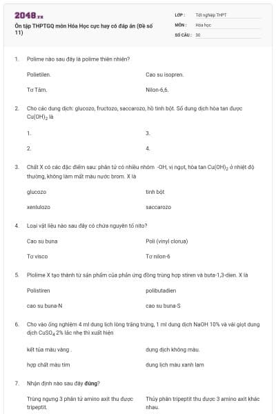 Ôn tập THPTGQ môn Hóa Học cực hay có đáp án (Đề số 11)