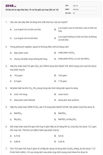 20 Bộ đề ôn tập Hóa Học 10 có lời giải cực hay (Đề số 12)