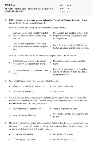 15 câu trắc nghiệm Vật lí 12 Chân trời sáng tạo Bài 1: Sự chuyển thể có đáp án