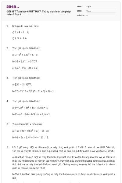 Giải SBT Toán lớp 6 KNTT Bài 7: Thứ tự thực hiện các phép tính có đáp án