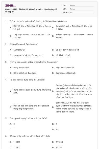 Đề thi cuối kì 1 Tin học 10 Kết nối tri thức - Định hướng CS có đáp án
