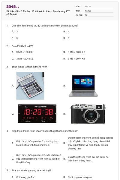Đề thi cuối kì 1 Tin học 10 Kết nối tri thức - Định hướng ICT có đáp án