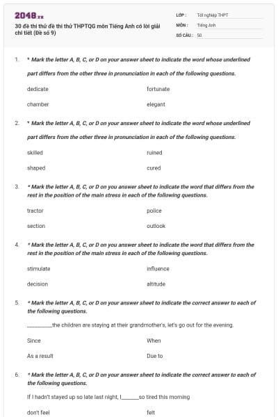 30 đề thi thử đề thi thử THPTQG môn Tiếng Anh có lời giải chi tiết (Đề số 9)