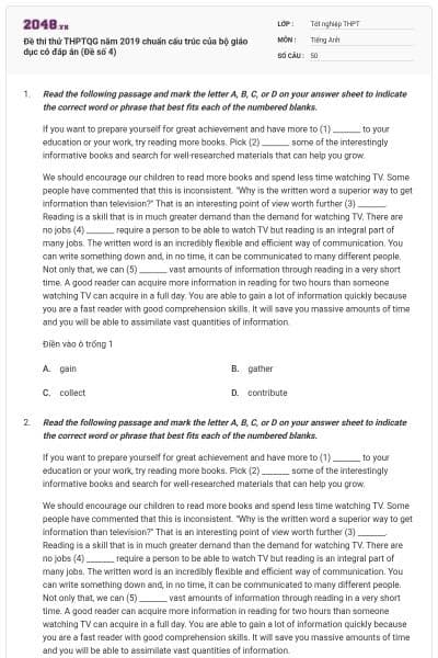 Đề thi thử THPTQG năm 2019 chuẩn cấu trúc của bộ giáo dục có đáp án (Đề số 4)