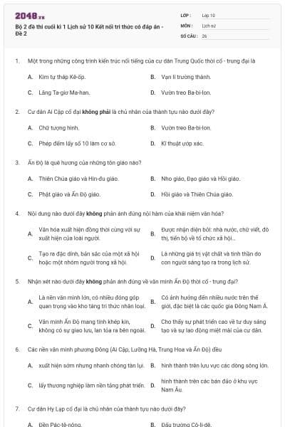 Bộ 2 đề thi cuối kì 1 Lịch sử 10 Kết nối tri thức có đáp án - Đề 2