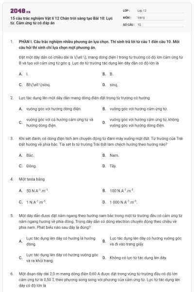 15 câu trắc nghiệm Vật lí 12 Chân trời sáng tạo Bài 10: Lực từ. Cảm ứng từ có đáp án