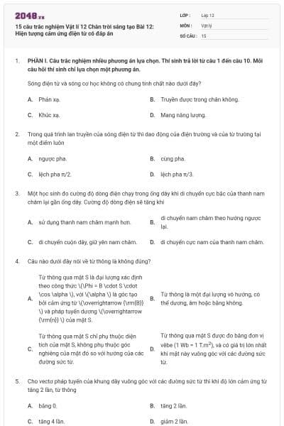 15 câu trắc nghiệm Vật lí 12 Chân trời sáng tạo Bài 12: Hiện tượng cảm ứng điện từ có đáp án