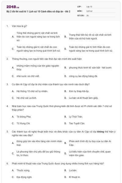 Bộ 2 đề thi cuối kì 1 Lịch sử 10 Cánh diều có đáp án - Đề 2