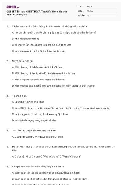 Giải SBT Tin học 6 KNTT Bài 7: Tìm kiếm thông tin trên Internet có đáp án