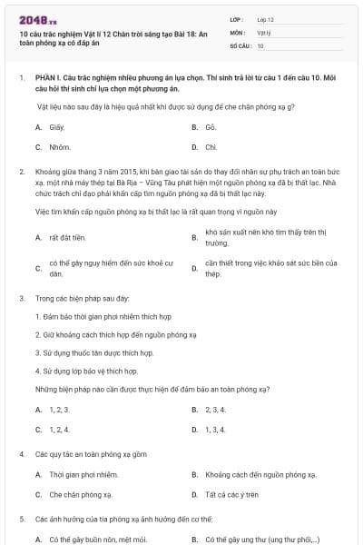 10 câu trắc nghiệm Vật lí 12 Chân trời sáng tạo Bài 18: An toàn phóng xạ  có đáp án