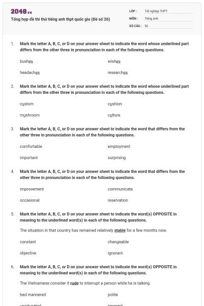Tổng hợp đề thi thử tiếng anh thpt quốc gia (Đề số 26)