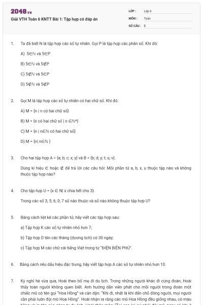 Giải VTH Toán 6 KNTT Bài 1: Tập hợp có đáp án