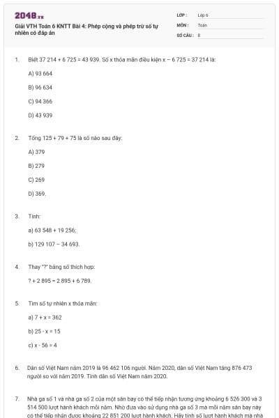 Giải VTH Toán 6 KNTT Bài 4: Phép cộng và phép trừ số tự nhiên có đáp án