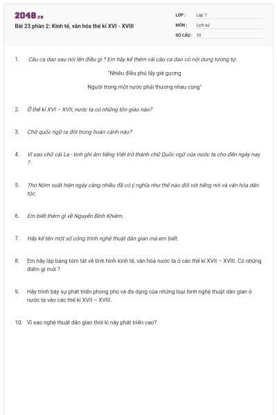 Bài 23 phần 2: Kinh tế, văn hóa thế kỉ XVI - XVIII