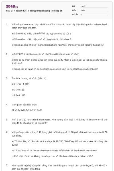 Giải VTH Toán 6 KNTT Bài tập cuối chương 1 có đáp án
