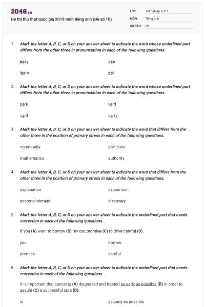 Đề thi thử thpt quốc gia 2019 môn tiếng anh (Đề số 10)