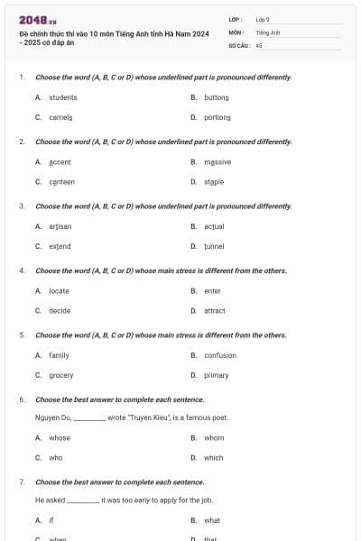 Đề chính thức thi vào 10 môn Tiếng Anh tỉnh Hà Nam 2024 - 2025 có đáp án