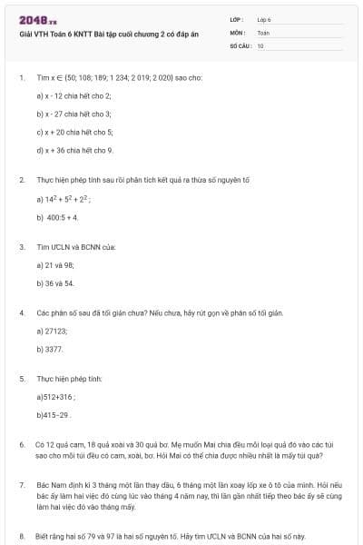 Giải VTH Toán 6 KNTT Bài tập cuối chương 2 có đáp án