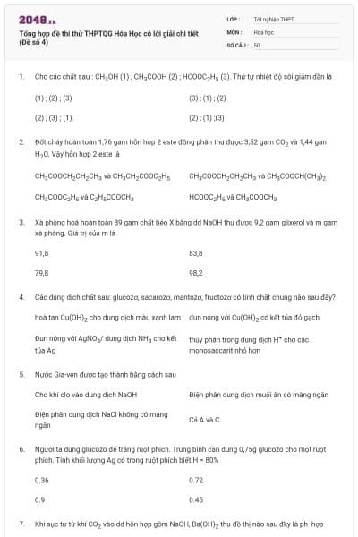 Tổng hợp đề thi thử THPTQG Hóa Học có lời giải chi tiết (Đề số 4)