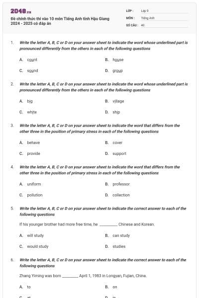 Đề chính thức thi vào 10 môn Tiếng Anh tỉnh Hậu Giang  2024 - 2025 có đáp án