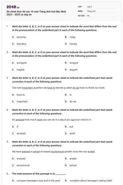 Đề chính thức thi vào 10 môn Tiếng Anh tỉnh Bắc Ninh  2024 - 2025 có đáp án