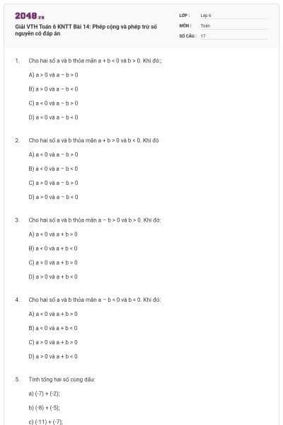 Giải VTH Toán 6 KNTT Bài 14: Phép cộng và phép trừ số nguyên có đáp án