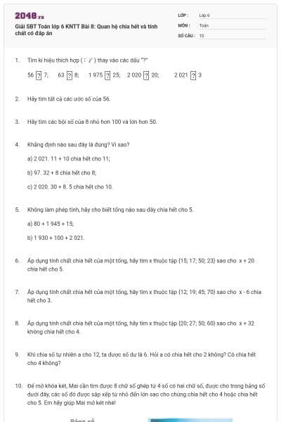 Giải SBT Toán lớp 6 KNTT Bài 8: Quan hệ chia hết và tính chất có đáp án