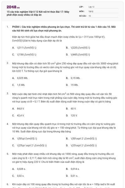 15 câu trắc nghiệm Vật lí 12 Kết nối tri thức Bài 17: Máy phát điện xoay chiều có đáp án