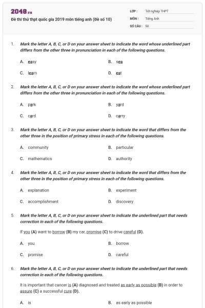 Đề thi thử thpt quốc gia 2019 môn tiếng anh (Đề số 10)
