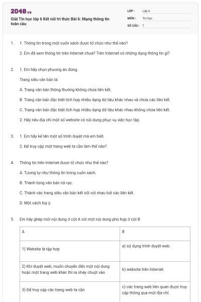 Giải Tin học lớp 6 Kết nối tri thức Bài 6: Mạng thông tin toàn cầu