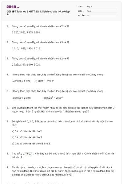 Giải SBT Toán lớp 6 KNTT Bài 9: Dấu hiệu chia hết có đáp án